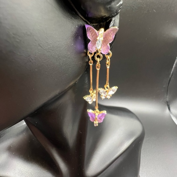 New Purple Crystal Butterfly Drop Earrings - Picture 6 of 16